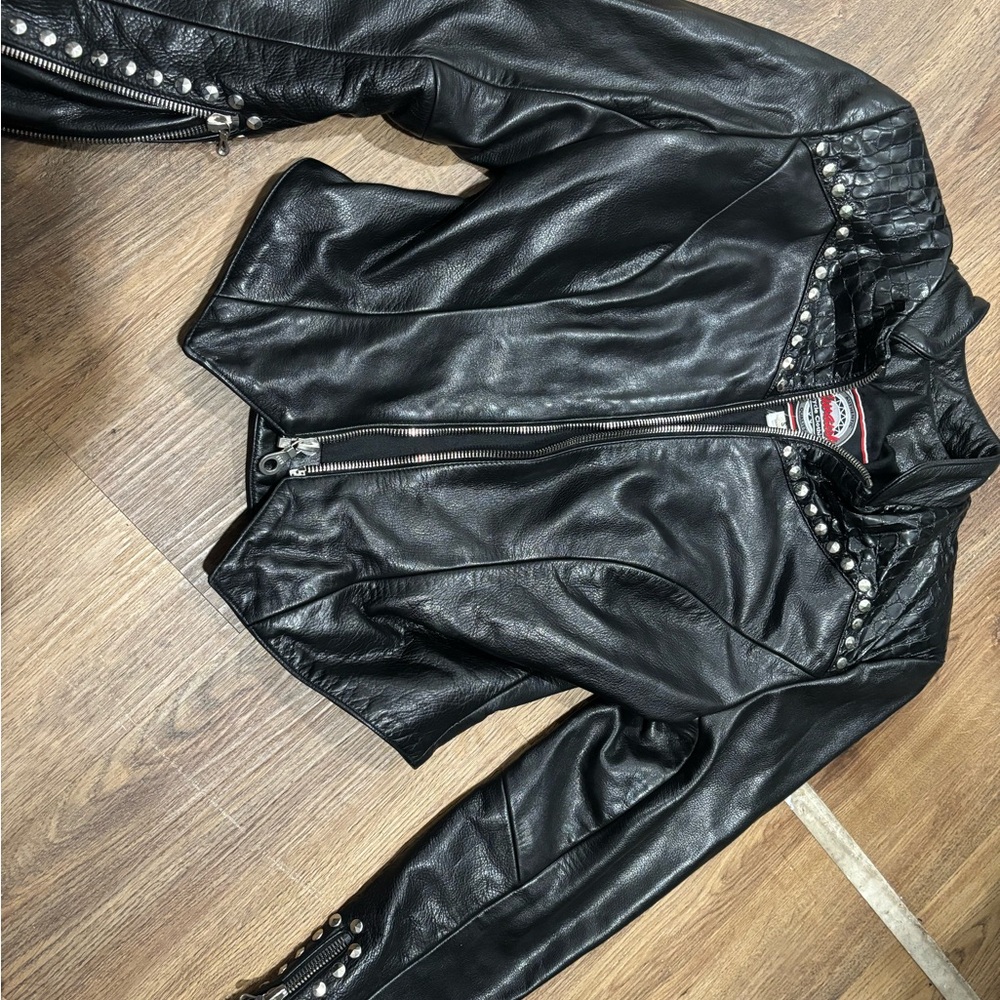 Black Leather Jacket with Studded Details